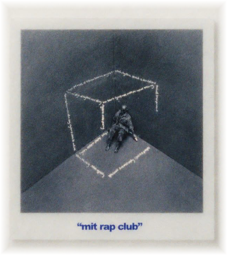 Polaroid photo captioned &ldquo;mit rap club&rdquo;: a figure sitting inside a cube outlined in chalk-like text