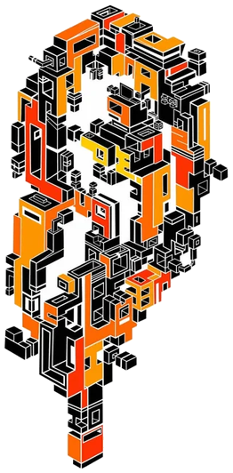 Isometric voxel illustration in orange, black and white